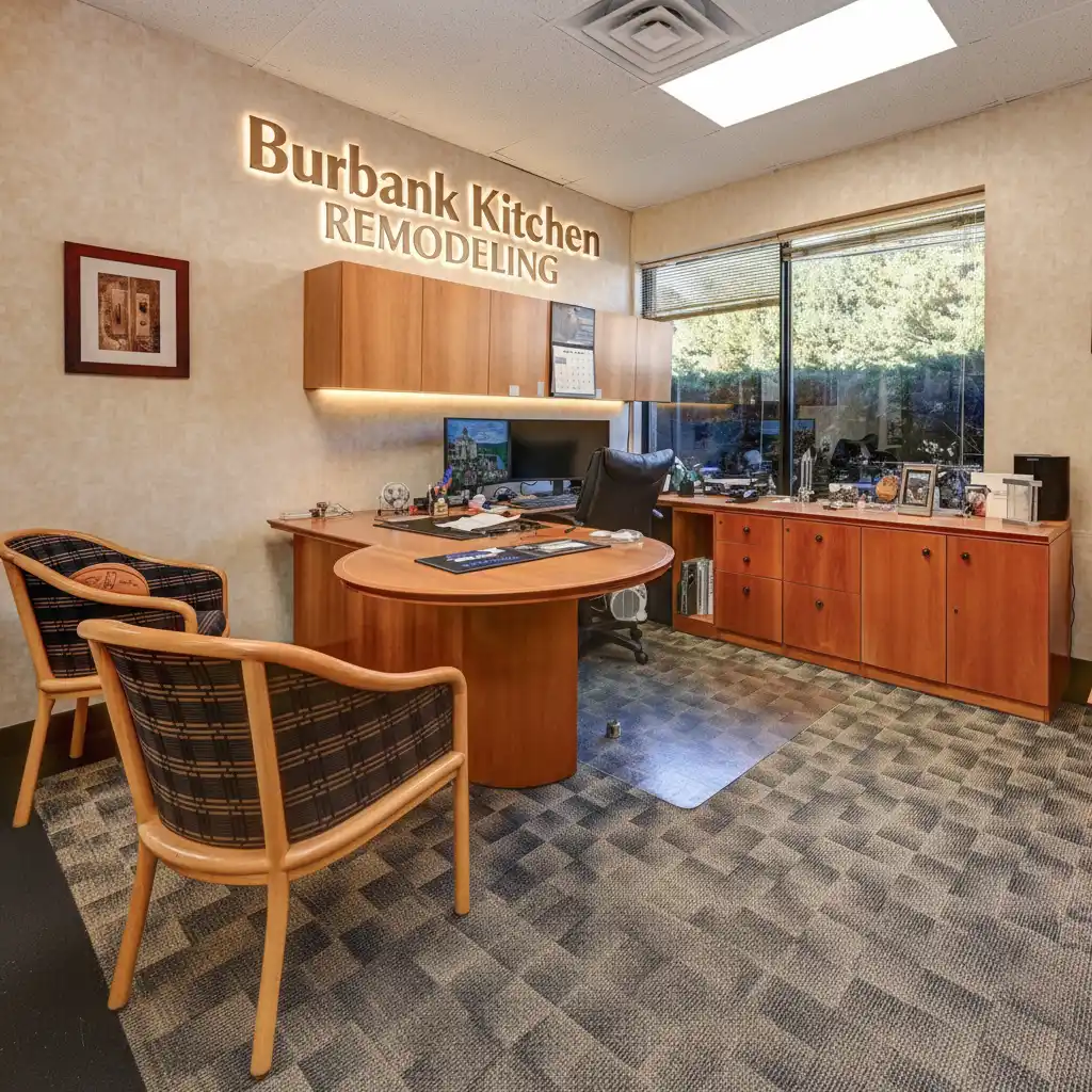 Burbank Kitchen Remodeling office interior with company logo on wall